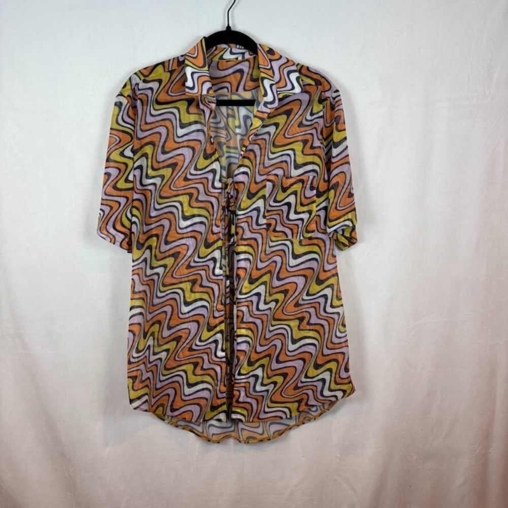 Adam Selman Sport Retro Swirl Vacation Shirt Size Small Sheer Tie 70's Colorful